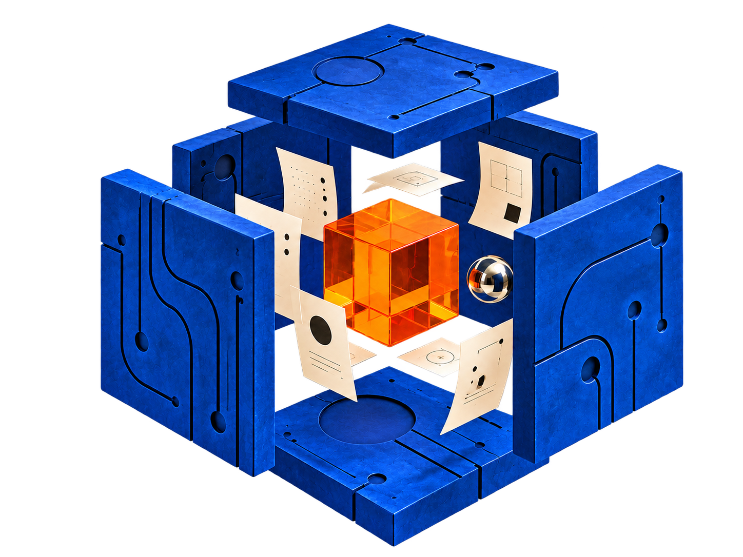 An exploded ultramarine cube with floating documents and an orange glass core, representing connected intelligent systems